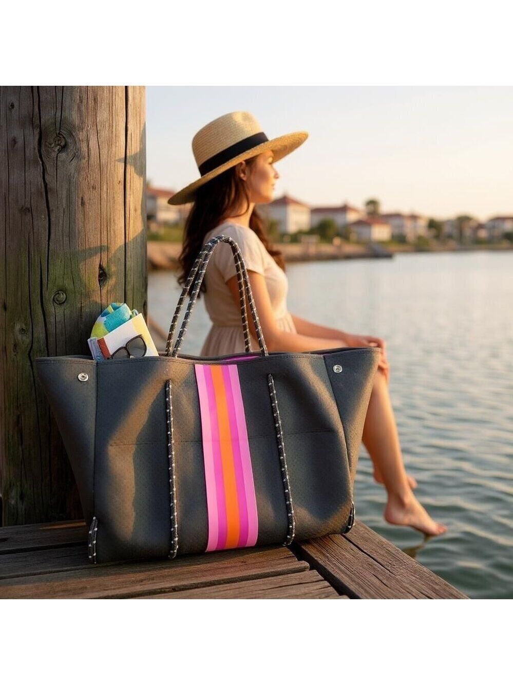 Haute Shore Grey Neoprene Tote Bag w/ Pink Orange Stripe | Key Clip | Large